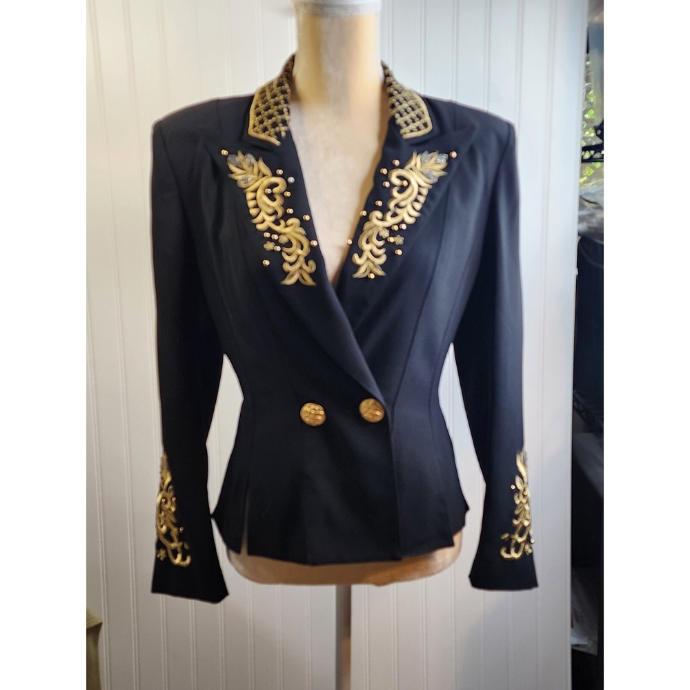 JENNA BLACK GOLD Woman's Embroidered BLAZER JACKET BUTTON size 6